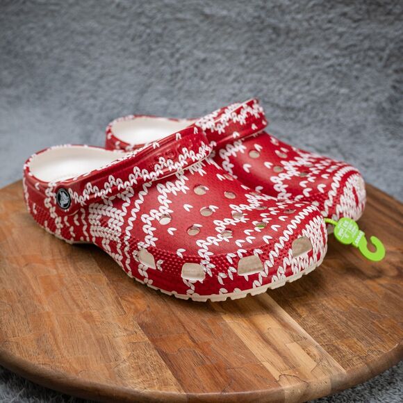 CROCS Shoes - Crocs Classic Clogs Holiday Christmas Sweater Women's 8 Red White Slip On Shoes